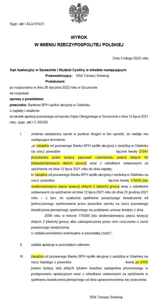 Wyrok sądu w sprawie przeciwko Bankowi BPH