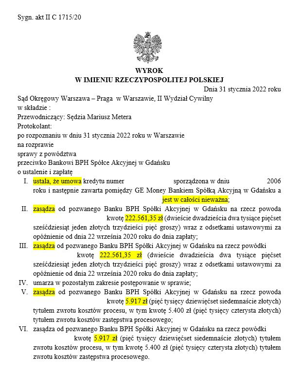 Wyrok sądu w sprawie przeciwko Bankowi BPH