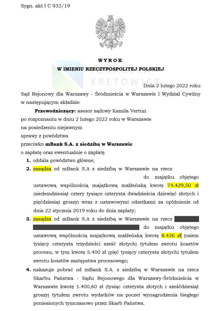 Wyrok sądu w sprawie przeciwko Bankowi mBank S.A
