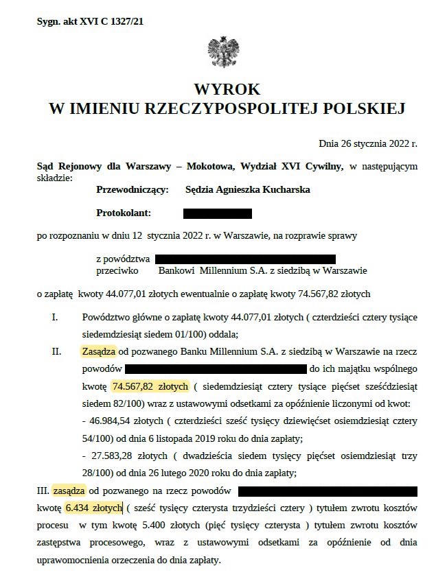 Wyrok sądu w sprawie przeciwko Bankowi Millennium S.A.