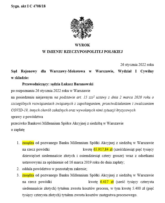 Wyrok sądu w sprawie przeciwko Bankowi Millennium S.A.