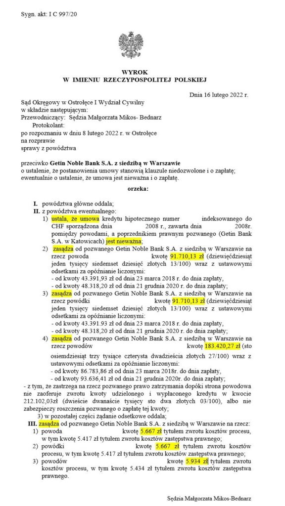 Wyrok sądu w sprawie przeciwko Getin Noble Bank