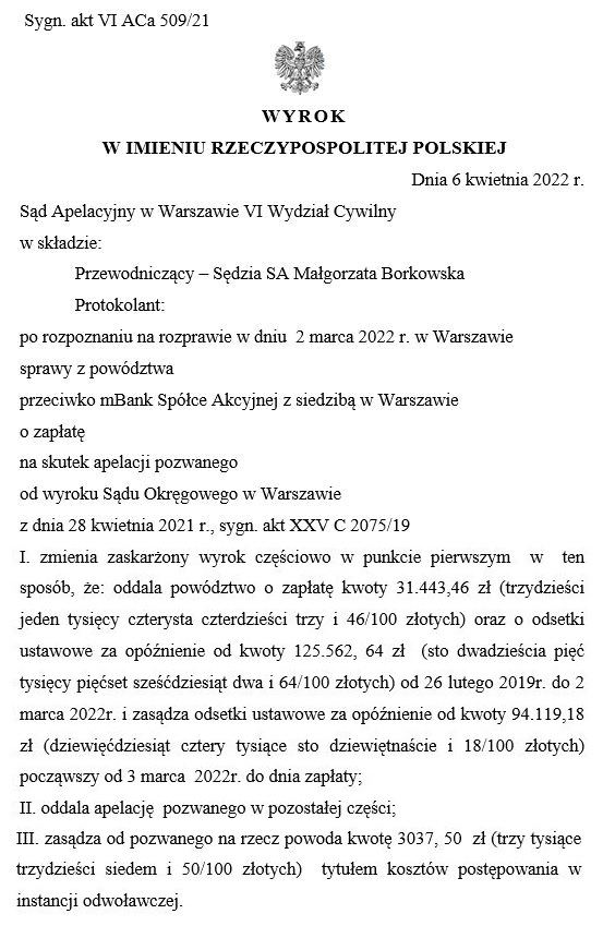 Wyrok sądu w sprawie przeciwko mBank