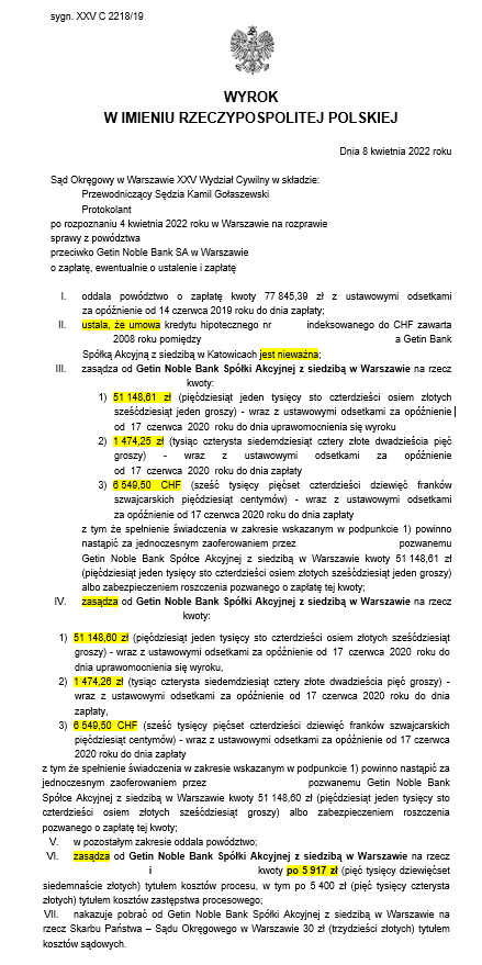 Wyrok sądu w sprawie przeciwko Getin Noble Bank